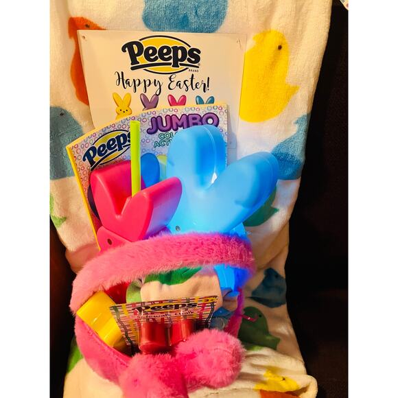 Peeps adorable pink Easter basket with 50 60 chick throw ,color book ,blue blow - Picture 2 of 5